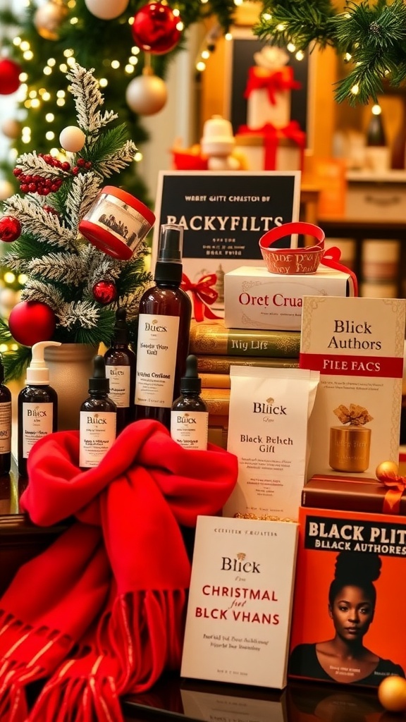 A festive arrangement of Christmas gifts for Black women, showcasing skincare, fashion accessories, and books.